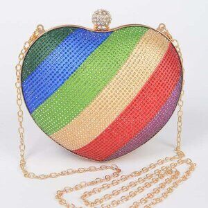 Brand New Ladies Multicolored Rhinestone Hotfix Clutch with Long Gold Chain